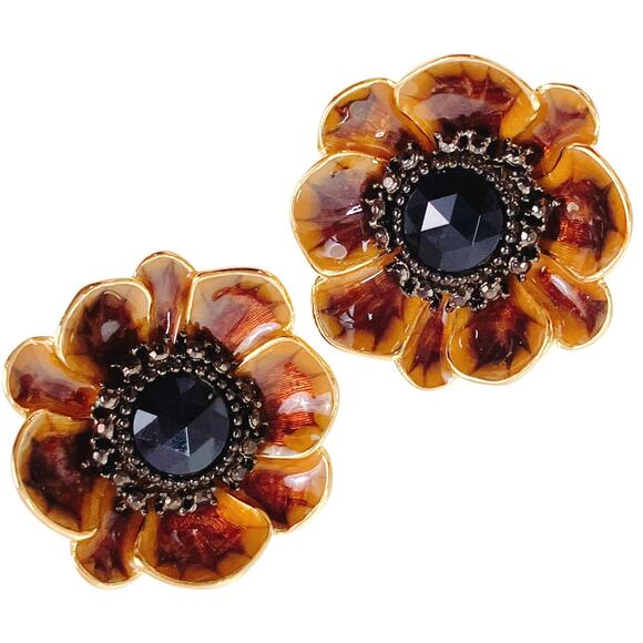 VTG Signed Alana Stewart Gold Tone Enamel Floral Clip On Earrings 1980s Jewelry - Picture 1 of 11